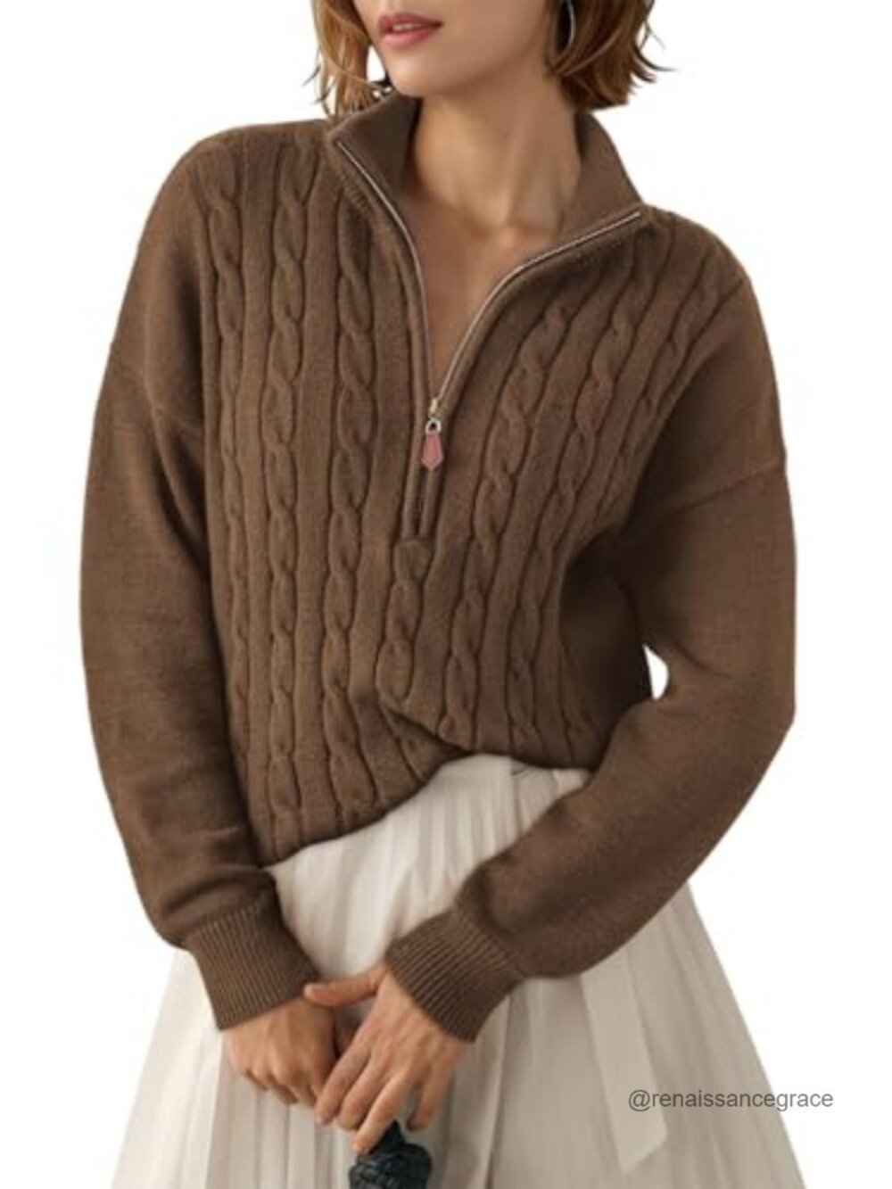 Women's Quarter Zip Ribbed Cable Knit Sweater Pullover